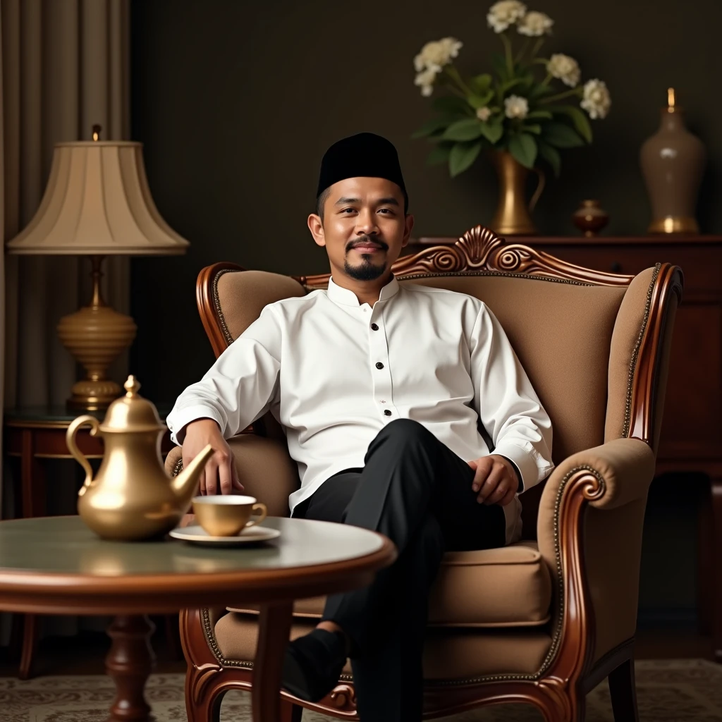 a Javanese man, wearing a traditional Indonesian black hat, usually called a pici, wearing a white long-sleeved shirt, wearing black trousers, sitting on a luxurious sofa chair, in front of him there is a luxurious round table and on top of it are a luxurious gold teapot and cup, family room background with luxurious furniture.
