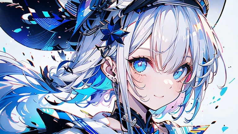 white hair and light blue hair, ahoge, shiny hair, floating hair, half updo, sailor hat, mole under eye, mismatched pupils, light smile, smile, anime, anime style, character chart, tachi-e, from above, UHD, retina, masterpiece, accurate, anatomically correct, super detail, high details, high quality, award winning, best quality, highres, 1080P, 16k,sailor hat is a hat worn by sailors. Also, a 's hat that imitates this. The top is flat and has no eaves, with a ribbon wrapped around the edge and the end hanging behind.She wears clothes called sailor uniforms, which are tops with distinctively shaped large collars called sailor collars. It is a military uniform for sailors and is used by the navies of various countries.she is on a large warship called a battleship, which has great offensive and defensive power.