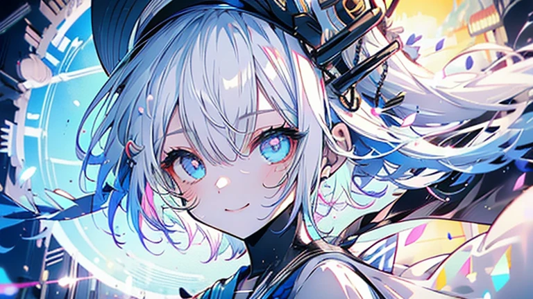 white hair and light blue hair, ahoge, shiny hair, floating hair, half updo, sailor hat, mole under eye, mismatched pupils, light smile, smile, anime, anime style, character chart, tachi-e, from above, UHD, retina, masterpiece, accurate, anatomically correct, super detail, high details, high quality, award winning, best quality, highres, 1080P, 16k,sailor hat is a hat worn by sailors. Also, a 's hat that imitates this. The top is flat and has no eaves, with a ribbon wrapped around the edge and the end hanging behind.She wears clothes called sailor uniforms, which are tops with distinctively shaped large collars called sailor collars. It is a military uniform for sailors and is used by the navies of various countries.she is on a large warship called a battleship, which has great offensive and defensive power.