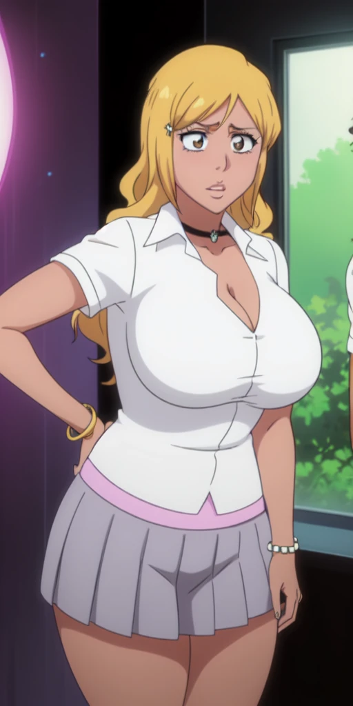 Orihime Inoue,Bleach artstyle,Big breast,Enchanted big breast,Thick lips,Circle piercing in lips,((((White shirt school uniform)))),Cleavage,(((short gray skirt)))Curvy figure,Plump,Hoopa bracelet,Long nail,Side burn visible,look at viewer,(((yellow blond color hair))),((head facing front)),High quality,Highres,Humongous big breast,visible ear,Big cleavage,light blush,((blue Stud earring)),((A lot of piercing)),((black Chocker)),Hyper Detail,((dark colored Skin)),((tanned Gyaru)),Crossing arm,Messy hair,Detailed lips,Colorless lips,puckered lips,unbuttoned collar shirt,mono color hair,((long wavy curly hair)),See throught leopard print bra,Half eyes open,Solo,1girl,light blush,Glossy lips,(((fringe bang hair))),flirty,Enchanted big breast,smug smile,squeeze to show off cleavage