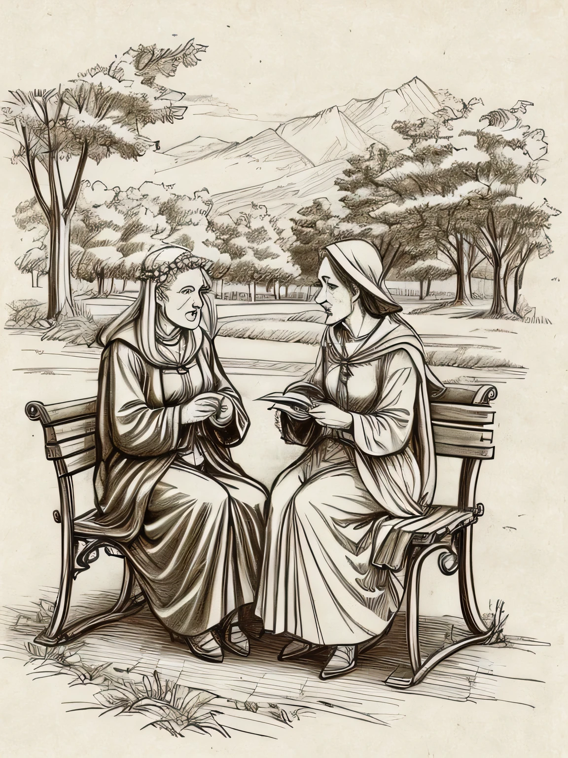 (davincisketch),Two old English women, sitting on a bench and having a conversation, in the park, unable to finish their story, in the dark,, (manga style), (sketch), (illutration)