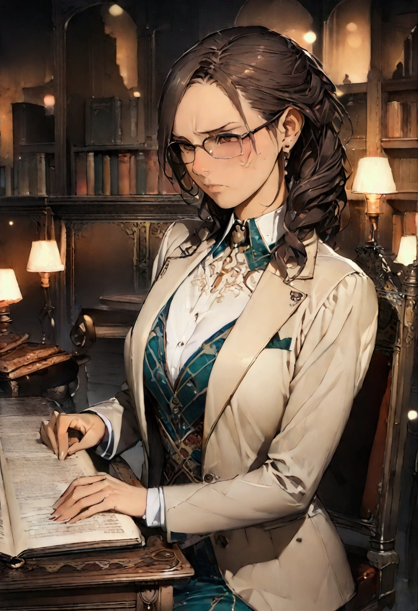 CG, Unity, 8k, wallpaper, Highest quality, masterpiece, Lovely lady, 18-year-old, Brown hair short cut, White skin, Best lighting, Complex pupil, Intricate weaving,((researcher:1.2)),harf body,professor、tailored jacket、Glasses