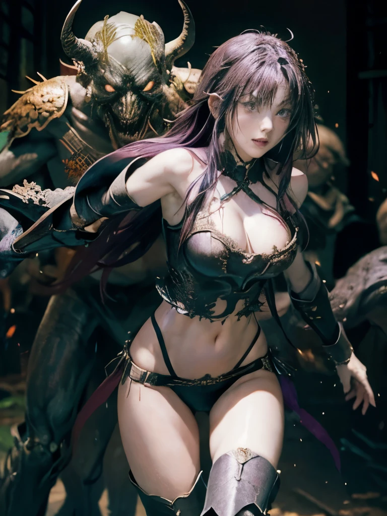  best quality、Whole body expression、torture、 slave、Constraints、BDSM、Captured by a monster、Surrounded by Monsters 1:5、defeat、 beautiful woman with very long purple hair、Full of wounds、tattered white armor（Small breasts、 cleavage、 off-shoulder 、Sleeveless、No elbow pads、belly button、 high leg、Exposed thighs）、White Armor Boots、Beautiful woman with very long purple hair 、Crying、 Tears Overflow 、A hopeless expression、Fleeing、run、Attacked by monsters 1:5、Many violent monsters 1:5、Monster grabs arm.　Monster attacks from behind、Monster grabs the leg、Monster Swarm 1:5、midnight、 Darkness、Different world、 Dark Fantasy、Pitch Black Hell