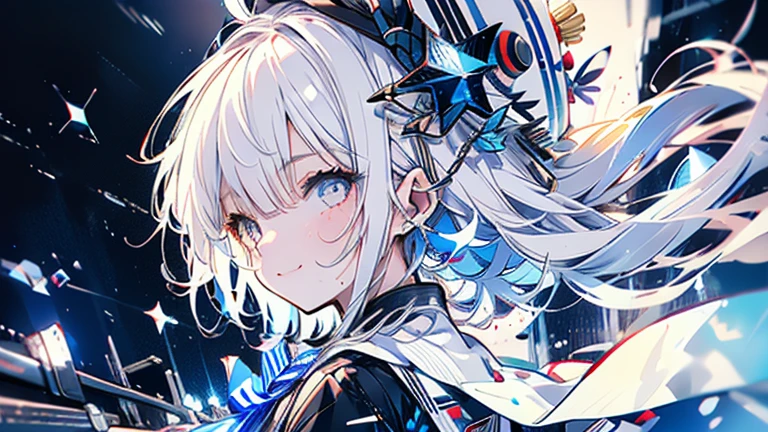 white hair and light blue hair, ahoge, shiny hair, floating hair, half updo, sailor hat, mole under eye, mismatched pupils, light smile, smile, anime, anime style, character chart, tachi-e, from above, UHD, retina, masterpiece, accurate, anatomically correct, super detail, high details, high quality, award winning, best quality, highres, 1080P, 16k,sailor hat is a hat worn by sailors. Also, a 's hat that imitates this. The top is flat and has no eaves, with a ribbon wrapped around the edge and the end hanging behind.She wears clothes called sailor uniforms, which are tops with distinctively shaped large collars called sailor collars. It is a military uniform for sailors and is used by the navies of various countries.she is on a large warship called a battleship, which has great offensive and defensive power.