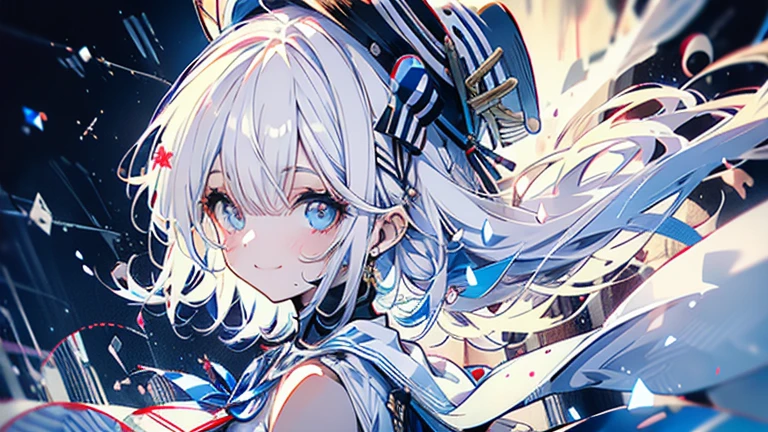 white hair and light blue hair, ahoge, shiny hair, floating hair, half updo, sailor hat, mole under eye, mismatched pupils, light smile, smile, anime, anime style, character chart, tachi-e, from above, UHD, retina, masterpiece, accurate, anatomically correct, super detail, high details, high quality, award winning, best quality, highres, 1080P, 16k,sailor hat is a hat worn by sailors. Also, a 's hat that imitates this. The top is flat and has no eaves, with a ribbon wrapped around the edge and the end hanging behind.She wears clothes called sailor uniforms, which are tops with distinctively shaped large collars called sailor collars. It is a military uniform for sailors and is used by the navies of various countries.she is on a large warship called a battleship, which has great offensive and defensive power.