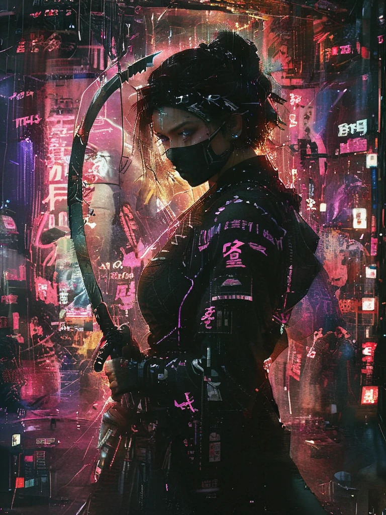 8k,masterpiece,best quality,woman Ninja wearing a stylish ninja hoodie maiko style showing off cleavage and coverd single eye wirh black eye patch cloth, standing quietly with her hand on the sword and the other hand Holding a shuriken stowed on her back in a future night rainy neon city growing pink and violet futuristic huge neon signs.