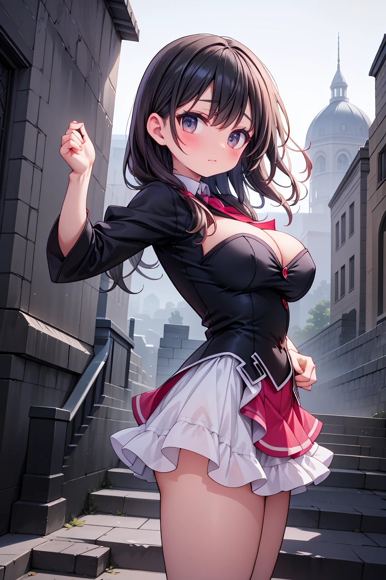 Dōjinga; 1个Giant Breast Girl, 1boys, a skirt, Outdoor activities, Red sky, Bow knot,, ultra - detailed