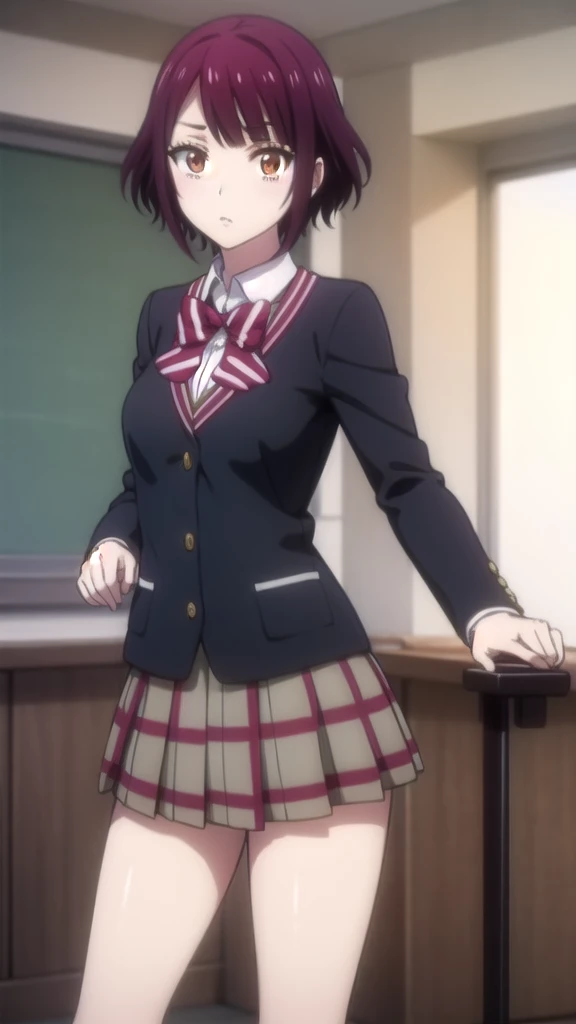 Maki Nishikino、One Girl, Five Fingers, mini skirt, Looking down at the viewer, highest quality, Focus on the thighs, Dynamic pose, smile, blazer, blouse, Black Pantyhose, panties under pantyhose, Standing Split, classroom, Black Hair, Stylish pose,Thick thighs、My crotch is steaming 、Spread your legs