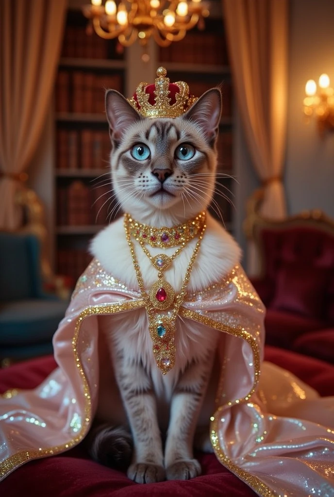 ((masterpiece)) ((photography)) ((Highest quality)) A close-up portrait of a regal Siamese cat with striking blue eyes and a soft, fluffy gray and white coat, adorned with an ornate golden crown encrusted with jewels, dressed in a aristocrat princess dress. The cat sits upright on a velvet cushion, gazing thoughtfully with a calm, aristocratic expression. The background features a blurred luxurious interior, with elegant drapery, chandeliers, and bookshelves filled with ancient tomes. Soft, warm lighting enhances the serene and royal atmosphere, emphasizing the cat's noble presence.