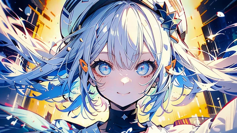 white hair and light blue hair, ahoge, shiny hair, floating hair, half updo, sailor hat, mole under eye, mismatched pupils, light smile, smile, anime, anime style, character chart, tachi-e, from above, UHD, retina, masterpiece, accurate, anatomically correct, super detail, high details, high quality, award winning, best quality, highres, 1080P, 16k,sailor hat is a hat worn by sailors. Also, a 's hat that imitates this. The top is flat and has no eaves, with a ribbon wrapped around the edge and the end hanging behind.She wears clothes called sailor uniforms, which are tops with distinctively shaped large collars called sailor collars. It is a military uniform for sailors and is used by the navies of various countries.she is on a large warship called a battleship, which has great offensive and defensive power.