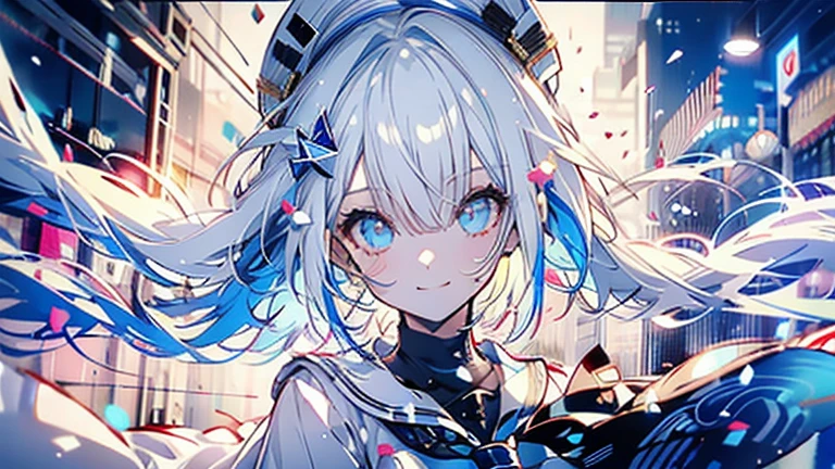 white hair and light blue hair, ahoge, shiny hair, floating hair, half updo, sailor hat, mole under eye, mismatched pupils, light smile, smile, anime, anime style, character chart, tachi-e, from above, UHD, retina, masterpiece, accurate, anatomically correct, super detail, high details, high quality, award winning, best quality, highres, 1080P, 16k,sailor hat is a hat worn by sailors. Also, a 's hat that imitates this. The top is flat and has no eaves, with a ribbon wrapped around the edge and the end hanging behind.She wears clothes called sailor uniforms, which are tops with distinctively shaped large collars called sailor collars. It is a military uniform for sailors and is used by the navies of various countries.she is on a large warship called a battleship, which has great offensive and defensive power.