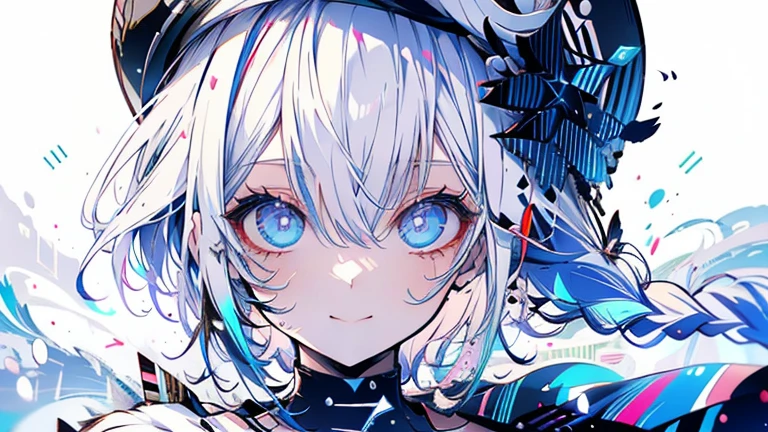 white hair and light blue hair, ahoge, shiny hair, floating hair, half updo, sailor hat, mole under eye, mismatched pupils, light smile, smile, anime, anime style, character chart, tachi-e, from above, UHD, retina, masterpiece, accurate, anatomically correct, super detail, high details, high quality, award winning, best quality, highres, 1080P, 16k,sailor hat is a hat worn by sailors. Also, a 's hat that imitates this. The top is flat and has no eaves, with a ribbon wrapped around the edge and the end hanging behind.She wears clothes called sailor uniforms, which are tops with distinctively shaped large collars called sailor collars. It is a military uniform for sailors and is used by the navies of various countries.she is on a large warship called a battleship, which has great offensive and defensive power.