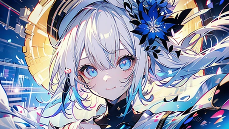 white hair and light blue hair, ahoge, shiny hair, floating hair, half updo, sailor hat, mole under eye, mismatched pupils, light smile, smile, anime, anime style, character chart, tachi-e, from above, UHD, retina, masterpiece, accurate, anatomically correct, super detail, high details, high quality, award winning, best quality, highres, 1080P, 16k,sailor hat is a hat worn by sailors. Also, a 's hat that imitates this. The top is flat and has no eaves, with a ribbon wrapped around the edge and the end hanging behind.She wears clothes called sailor uniforms, which are tops with distinctively shaped large collars called sailor collars. It is a military uniform for sailors and is used by the navies of various countries.she is on a large warship called a battleship, which has great offensive and defensive power.