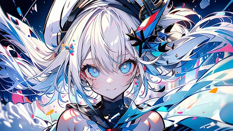 white hair and light blue hair, ahoge, shiny hair, floating hair, half updo, sailor hat, mole under eye, mismatched pupils, light smile, smile, anime, anime style, character chart, tachi-e, from above, UHD, retina, masterpiece, accurate, anatomically correct, super detail, high details, high quality, award winning, best quality, highres, 1080P, 16k,sailor hat is a hat worn by sailors. Also, a 's hat that imitates this. The top is flat and has no eaves, with a ribbon wrapped around the edge and the end hanging behind.She wears clothes called sailor uniforms, which are tops with distinctively shaped large collars called sailor collars. It is a military uniform for sailors and is used by the navies of various countries.she is on a large warship called a battleship, which has great offensive and defensive power.