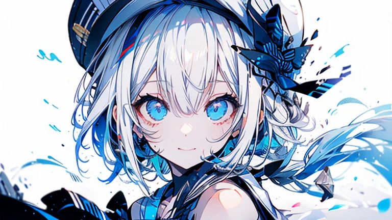 white hair and light blue hair, ahoge, shiny hair, floating hair, half updo, sailor hat, mole under eye, mismatched pupils, light smile, smile, anime, anime style, character chart, tachi-e, from above, UHD, retina, masterpiece, accurate, anatomically correct, super detail, high details, high quality, award winning, best quality, highres, 1080P, 16k,sailor hat is a hat worn by sailors. Also, a 's hat that imitates this. The top is flat and has no eaves, with a ribbon wrapped around the edge and the end hanging behind.She wears clothes called sailor uniforms, which are tops with distinctively shaped large collars called sailor collars. It is a military uniform for sailors and is used by the navies of various countries.she is on a large warship called a battleship, which has great offensive and defensive power.