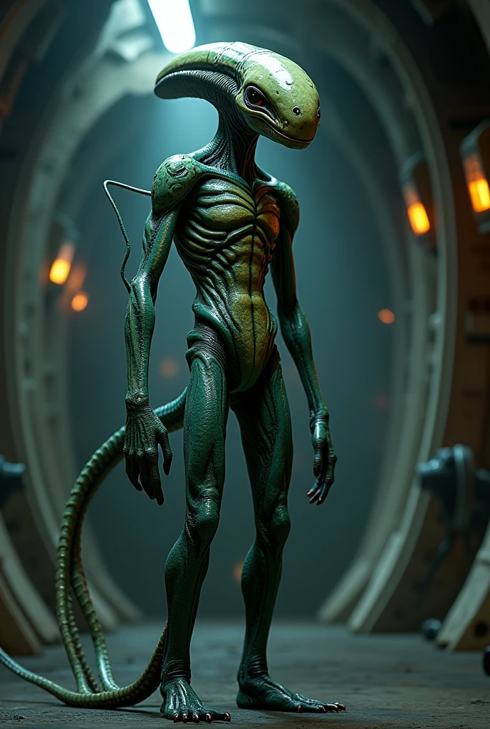 repitilian, alien, with three fingers, without tail, strong legs, fragile arms, 3 to 4 meters tall