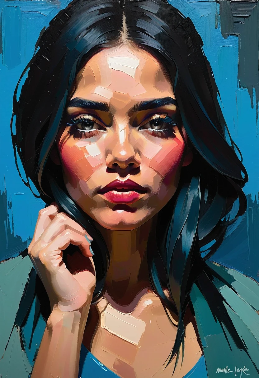 Create a contemporary portrait of a Mexican woman in the expressive and painterly style of Malcolm Liepke, ((speed painting))+++ palette knife painting, painted in impressionist style, brushstroke painting technique, large strokes, bright blue, very dark gray, and light grayish blue.