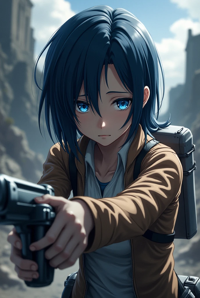 Shingeki no Kyojin character with very dark blue hair blue eyes intermediate blue showing maneuvering equipment 