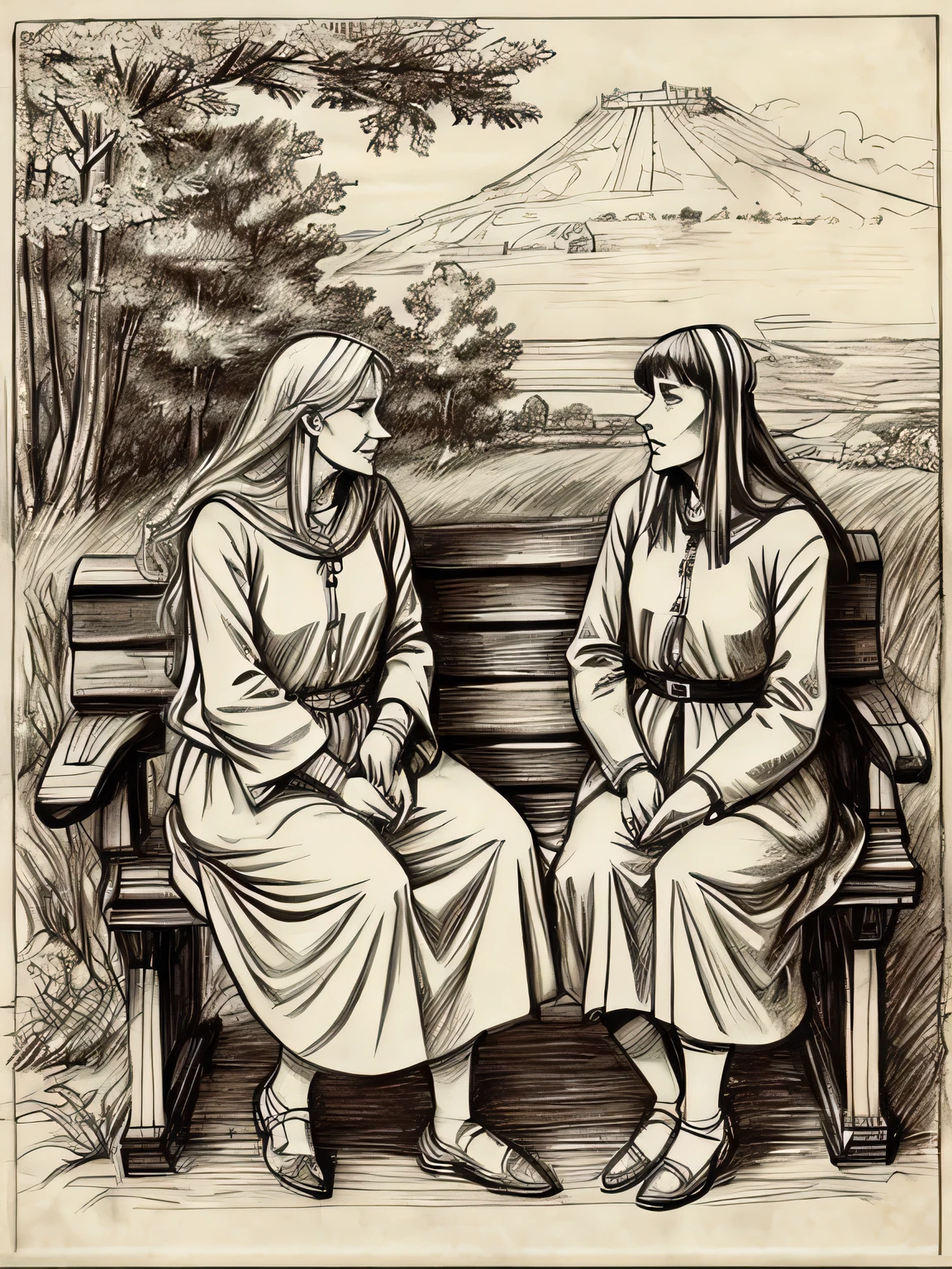 sideview,(davincisketch),Two old English women, sitting on a bench and having a conversation, in the park, unable to finish their story, in the dark,, (manga style), (sketch), (illutration)