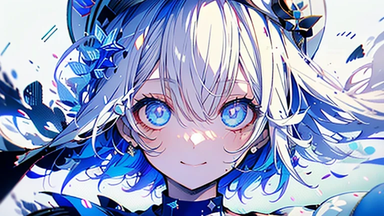 white hair and light blue hair, ahoge, shiny hair, floating hair, half updo, sailor hat, mole under eye, mismatched pupils, light smile, smile, anime, anime style, character chart, tachi-e, from above, UHD, retina, masterpiece, accurate, anatomically correct, super detail, high details, high quality, award winning, best quality, highres, 1080P, 16k,sailor hat is a hat worn by sailors. Also, a 's hat that imitates this. The top is flat and has no eaves, with a ribbon wrapped around the edge and the end hanging behind.She wears clothes called sailor uniforms, which are tops with distinctively shaped large collars called sailor collars. It is a military uniform for sailors and is used by the navies of various countries.she is on a large warship called a battleship, which has great offensive and defensive power.