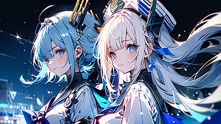 white hair and light blue hair, ahoge, shiny hair, floating hair, half updo, sailor hat, mole under eye, mismatched pupils, light smile, smile, anime, anime style, character chart, tachi-e, from above, UHD, retina, masterpiece, accurate, anatomically correct, super detail, high details, high quality, award winning, best quality, highres, 1080P, 16k,sailor hat is a hat worn by sailors. Also, a 's hat that imitates this. The top is flat and has no eaves, with a ribbon wrapped around the edge and the end hanging behind.She wears clothes called sailor uniforms, which are tops with distinctively shaped large collars called sailor collars. It is a military uniform for sailors and is used by the navies of various countries.she is on a large warship called a battleship, which has great offensive and defensive power.