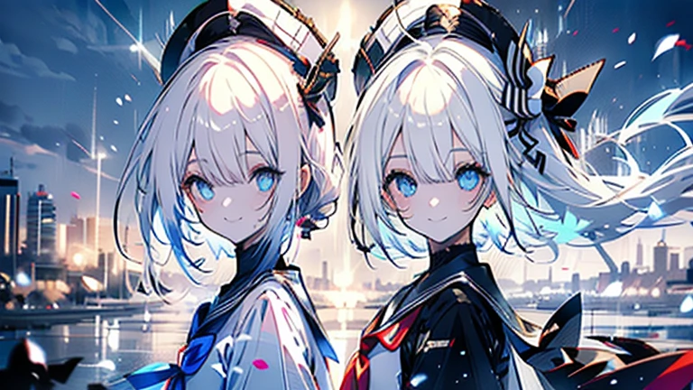 white hair and light blue hair, ahoge, shiny hair, floating hair, half updo, sailor hat, mole under eye, mismatched pupils, light smile, smile, anime, anime style, character chart, tachi-e, from above, UHD, retina, masterpiece, accurate, anatomically correct, super detail, high details, high quality, award winning, best quality, highres, 1080P, 16k,sailor hat is a hat worn by sailors. Also, a 's hat that imitates this. The top is flat and has no eaves, with a ribbon wrapped around the edge and the end hanging behind.She wears clothes called sailor uniforms, which are tops with distinctively shaped large collars called sailor collars. It is a military uniform for sailors and is used by the navies of various countries.she is on a large warship called a battleship, which has great offensive and defensive power.