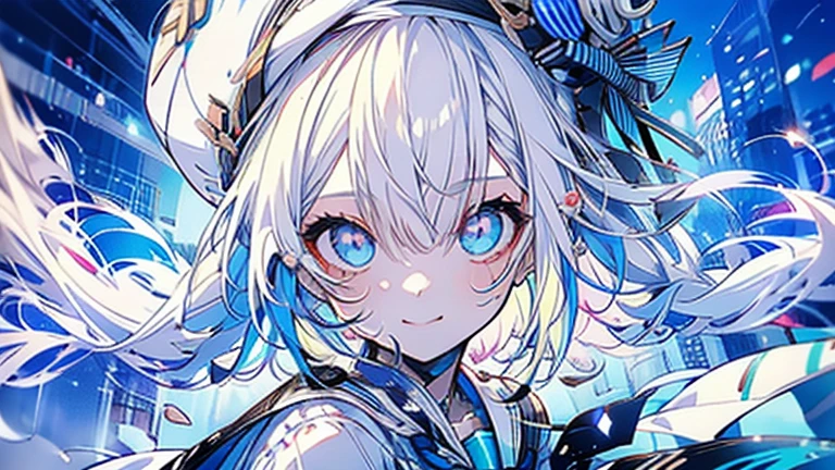 white hair and light blue hair, ahoge, shiny hair, floating hair, half updo, sailor hat, mole under eye, mismatched pupils, light smile, smile, anime, anime style, character chart, tachi-e, from above, UHD, retina, masterpiece, accurate, anatomically correct, super detail, high details, high quality, award winning, best quality, highres, 1080P, 16k,sailor hat is a hat worn by sailors. Also, a 's hat that imitates this. The top is flat and has no eaves, with a ribbon wrapped around the edge and the end hanging behind.She wears clothes called sailor uniforms, which are tops with distinctively shaped large collars called sailor collars. It is a military uniform for sailors and is used by the navies of various countries.she is on a large warship called a battleship, which has great offensive and defensive power.