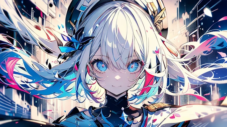 white hair and light blue hair, ahoge, shiny hair, floating hair, half updo, sailor hat, mole under eye, mismatched pupils, light smile, smile, anime, anime style, character chart, tachi-e, from above, UHD, retina, masterpiece, accurate, anatomically correct, super detail, high details, high quality, award winning, best quality, highres, 1080P, 16k,sailor hat is a hat worn by sailors. Also, a 's hat that imitates this. The top is flat and has no eaves, with a ribbon wrapped around the edge and the end hanging behind.She wears clothes called sailor uniforms, which are tops with distinctively shaped large collars called sailor collars. It is a military uniform for sailors and is used by the navies of various countries.she is on a large warship called a battleship, which has great offensive and defensive power.