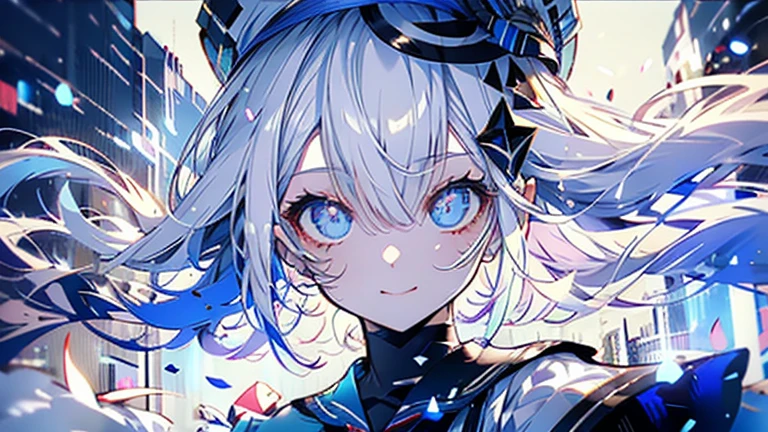 white hair and light blue hair, ahoge, shiny hair, floating hair, half updo, sailor hat, mole under eye, mismatched pupils, light smile, smile, anime, anime style, character chart, tachi-e, from above, UHD, retina, masterpiece, accurate, anatomically correct, super detail, high details, high quality, award winning, best quality, highres, 1080P, 16k,sailor hat is a hat worn by sailors. Also, a 's hat that imitates this. The top is flat and has no eaves, with a ribbon wrapped around the edge and the end hanging behind.She wears clothes called sailor uniforms, which are tops with distinctively shaped large collars called sailor collars. It is a military uniform for sailors and is used by the navies of various countries.she is on a large warship called a battleship, which has great offensive and defensive power.