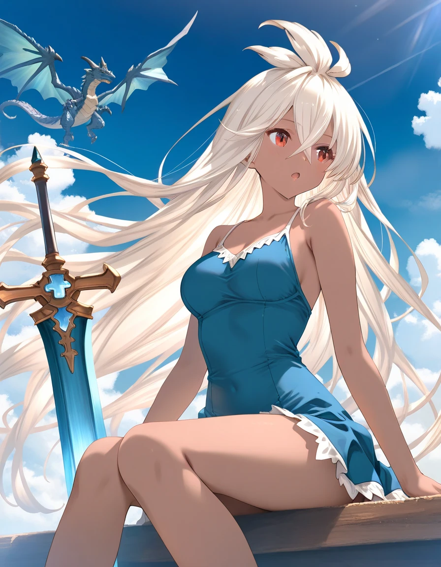 1girl, zooey_(granblue_fantasy), little female, dark-skinned female, very long hair, white hair, red eyes, beautiful detailed eyes, medium breasts,  open mouth, sword, dragon, sitting, outdoors, wind, game CG break,((artist:shida_kazuhiro)),(artist:mitsumi_misato),(artist:fujiyama),,(masterpiece), (best quality), (ultra-detailed), very aesthetic, newest, beauty illustration,super detailed skin,  (masterpiece), (best quality), (ultra-detailed), very aesthetic lighting,hi res,absurd_res,2023,2024,(shaded),digital media (artwork), realistic lighting, 4k, 8k,