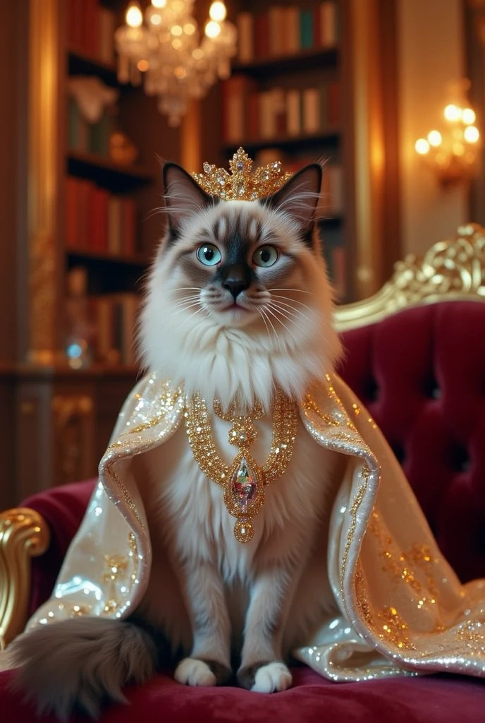 ((masterpiece)) ((photography)) ((Highest quality)) A close-up portrait of a regal Siamese cat with striking blue eyes and a soft, fluffy gray and white coat, adorned with an ornate golden crown encrusted with jewels, dressed in a aristocrat princess dress. The cat sits upright on a velvet cushion, gazing thoughtfully with a calm, aristocratic expression. The background features a blurred luxurious interior, with elegant drapery, chandeliers, and bookshelves filled with ancient tomes. Soft, warm lighting enhances the serene and royal atmosphere, emphasizing the cat's noble presence.