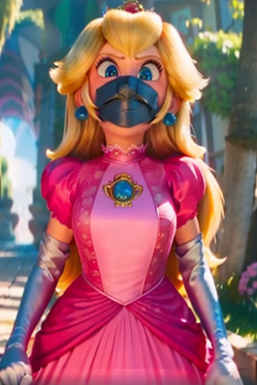 score_9, score_8_up, score_7_up, solo, 1girl, Princess Peach \(Mario Bros\), (huge breasts ), (Perfect thin body), (wearing a pink bikini), ((inside a a castle)), (master part, High definition, (8k), ( perfect face), (ultra details) (perfect hands, eye, the face),  (shibari, arms behind back:1.4), full body, complete body, standing, standing, mask, mask neck corset, mask corset, belt bondage, black mask, tight mask, over the nose gag, black tape, (armbinder:1.4), 