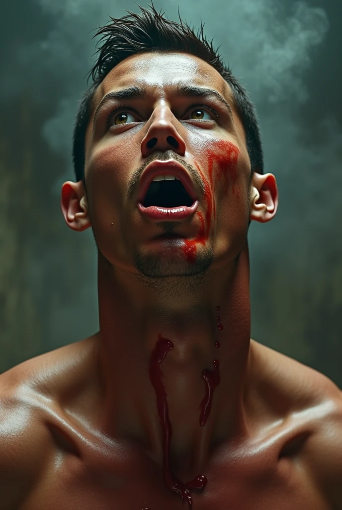 A rough oil paint of a man with a broken neck from a fight