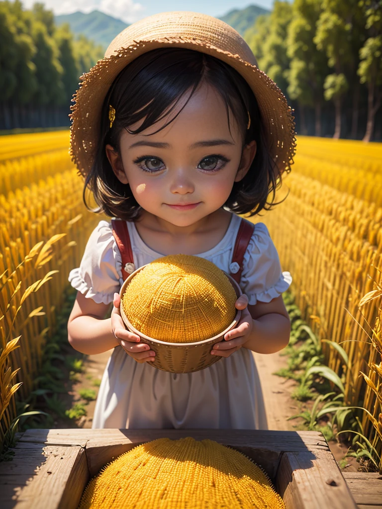 （best quality，8k，high resolution，masterpiece），Super detailed，（1.4x more realism）， sommer,Sunlight,beautiful toddler,golden rice fields,golden color,hapiness,ren&#39;s laughter,ren playing in the rice fields,Cicada chirping,Beautiful scenery,HDR,ultra high definition,studio lighting,Super fine,sharp focus,Rendering based on real objects,Extremely detailed description,major,Bright colors,blur background,Golden sunrise,peaceful,peaceful,golden light,golden hour,nature,The beauty of nature