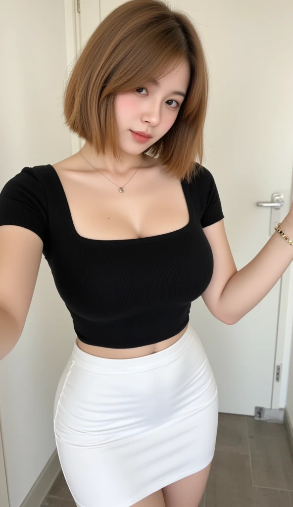 Gorgeous Korean woman. Bob curve in hair style, golden color. Innocent, youthful facial features. natural makeup with coral lipstick. a square neck short sleeve, black, designed with a sexy square round neck. The slim-fit design enhances her curves and gives her a confident and stylish appearance. The length of the top is just right, sitting just above the navel to create a flattering and trendy look, showing off a beautiful belly and navel. She is dressed in a sleek, high-waisted white skirt, tulip skirt, micro mini length, revealing her beautiful legs and drawing the eye to her stylish stiletto heels that match the gleaming white of her outfit. Anatomically Correct, Big breasts, Simple background. From Above, POV, From Above, 