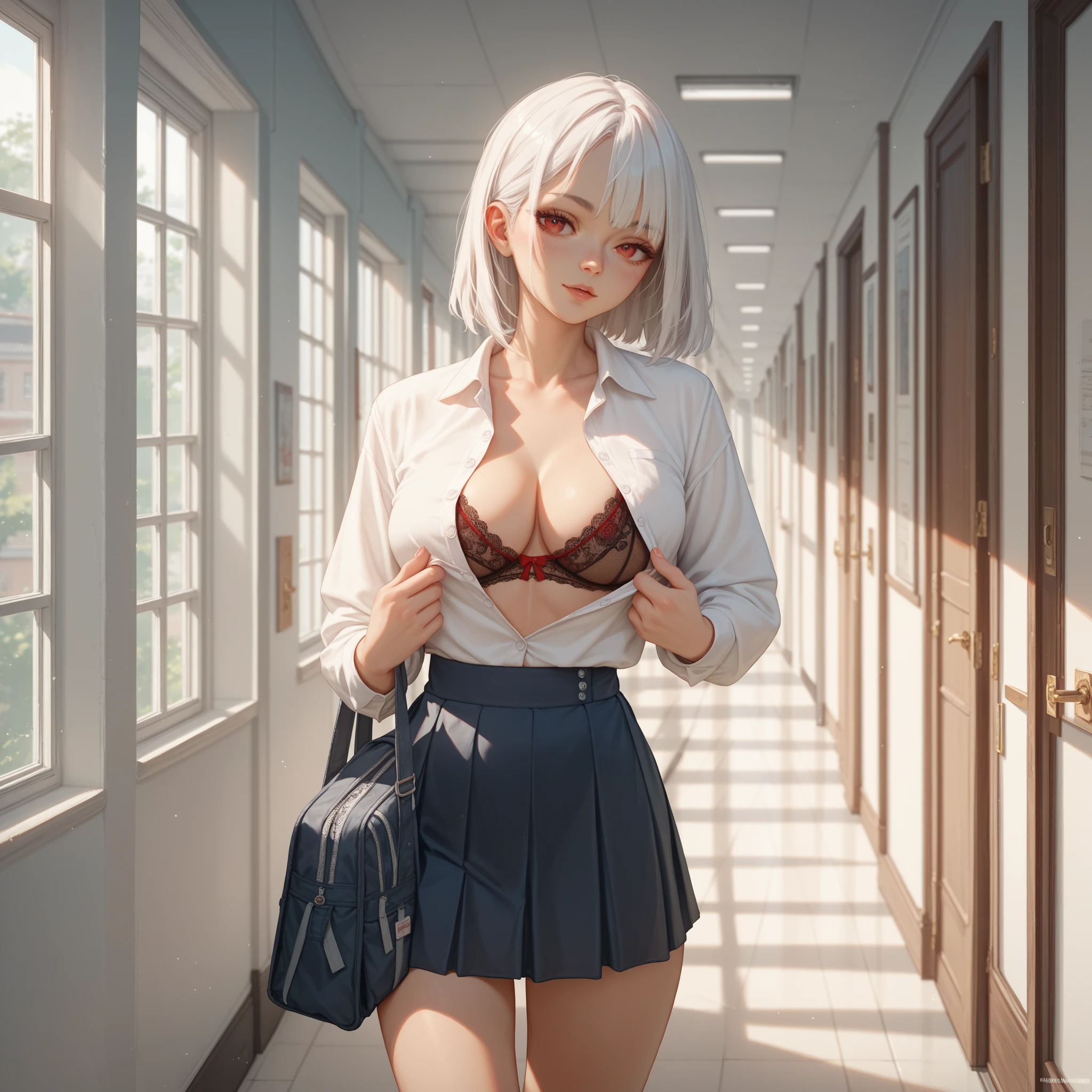 Anime Waifu beautiful detailed eyes, beautiful detailed lips, extremely detailed eyes and face, longeyelashes, 1girl, sensual, young woman, medium breasts, beautiful feminine face, nice thighs, slim, sexy, erotic, beautiful clothes, perfect body, cinematic lighting and framing, (best quality,4k,8k,highres,masterpiece:1.2),ultra-detailed,digital painting,portrait,glamorous,highly detailed,soft lighting,warm color tones Perfect human body，1 girl， (very highly detailed background，‎Classroom), clavicle，Sleeveless sailor suit，navel，Low-rise miniskirt，((woman with fever)), ((perspired，college aged))), Colossal ，Indecent expressionlush blush:1.2),Pubic hair shows through，Next to him stood a man，Man taking photo of girl，，