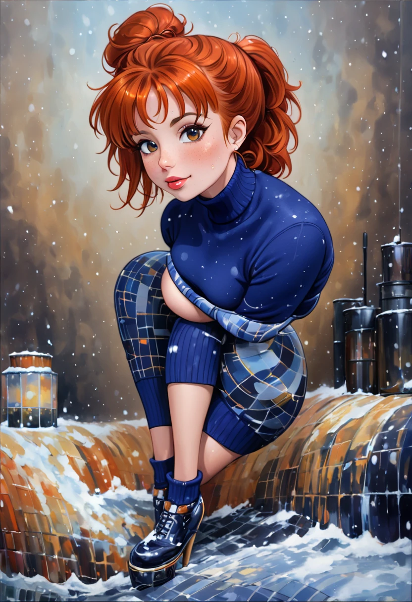 A Nubile, Sultry And Alluring needy, Norwegian Woman Who Is Stting In Front Of A Stone Fireplace Wearing A Tight Cozy Navy Blue Knitted Sweater. B-Cup. cleavage. cute pose. A Cute Skirt With Leggings The Scene Is Cosy And Hygge. Red hair.  Snowing Outside. The Medium Used To Depict This Artwork Is Oil Painting, Ensuring A High-Quality And Detailed Result. The Painting Style Is Realistic And Photorealistic, With Vivid Colors And Sharp Focus. The Overall Lighting Is Well-Balanced, Illuminating The Scene Beautifully. Stunningly beautiful merge of Traylor Howard . symmetrical face, photorealistic, photography, path tracing
