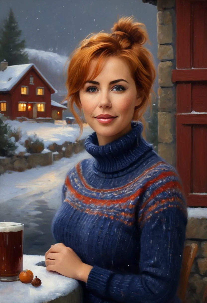 A Nubile, Sultry And Alluring needy, Norwegian Woman Who Is Stting In Front Of A Stone Fireplace Wearing A Tight Cozy Navy Blue Knitted Sweater. B-Cup. cleavage. cute pose. A Cute Skirt With Leggings The Scene Is Cosy And Hygge. Red hair. Snowing Outside. The Medium Used To Depict This Artwork Is Oil Painting, Ensuring A High-Quality And Detailed Result. The Painting Style Is Realistic And Photorealistic, With Vivid Colors And Sharp Focus. The Overall Lighting Is Well-Balanced, Illuminating The Scene Beautifully. Stunningly beautiful merge of Traylor Howard . symmetrical face, photorealistic, photography, path tracing
