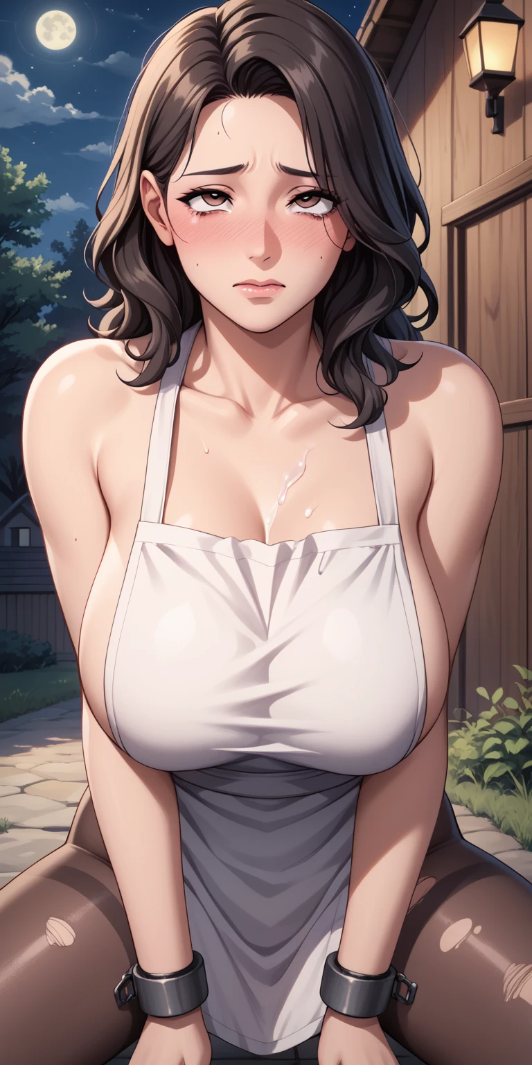 from a high view((4K,masterpiece,best quality, ultra detailed)), 1girl, (Mature Woman, Adult Woman), (medium length hair, dark hair, wavy hair, sidelocks), (reddish-brown eyes), detailed eyes, (Depressed, Somber Expression, Slightly Embarrassed), (large breasts), (naked apron and pantyhose), (Half squat, looking at viewer, facing forward, medium close up), (outdoors, night time, in front of house),(((restrained))),injury,torn clocthes,(after sex),defeated,((  rape)),rolling eyes