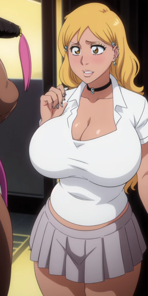 Orihime Inoue,Bleach artstyle,Big breast,Enchanted big breast,Thick lips,Circle piercing in lips,((((White shirt school uniform)))),Cleavage,(((short gray skirt)))Curvy figure,Plump,Hoopa bracelet,Long nail,Side burn visible,look at viewer,(((yellow blond color hair))),((head facing front)),High quality,Highres,Humongous big breast,visible ear,Big cleavage,light blush,((blue Stud earring)),((A lot of piercing)),((black Chocker)),Hyper Detail,((dark colored Skin)),((tanned Gyaru)),Crossing arm,Messy hair,Detailed lips,Colorless lips,puckered lips,unbuttoned collar shirt,mono color hair,((long wavy curly hair)),See throught leopard print bra,Half eyes open,Solo,1girl,light blush,Glossy lips,(((fringe bang hair))),flirty,Enchanted big breast,smug smile,squeeze to show off cleavage,((Nose piercing))