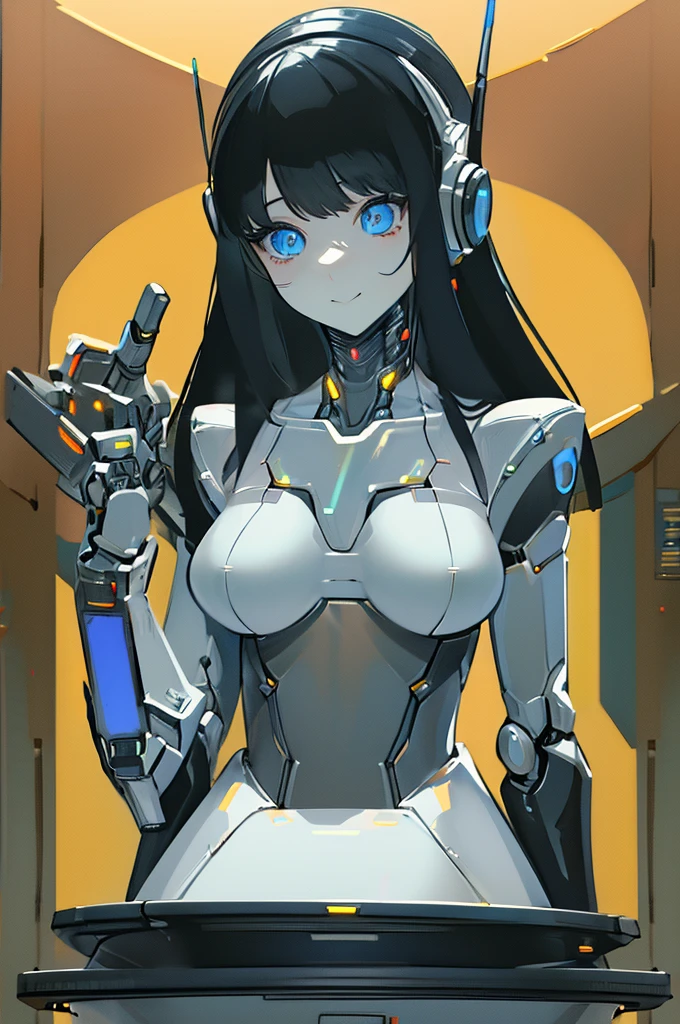 masterpiece, best quality, Very detailed,Japanese Android girl,full ,a little fat, control Panel,Android,Droid,Robot, ,Robotic arms and legs, Black Hair,Mechanical fuselage,Bangs,White robot parts,Perfect robot woman,Charging Points,Long tube,A thick cable is attached to his neck.,Ceramic body ,Mechanical fuselage, Mechanical earmuffs,Android,doll,a little fat,,Complete eyes,Perfect body,White body,Future Lab,Android factory,Mechanical earmuffs,white and light blue,Aqua Accent Clothing,blue eyes