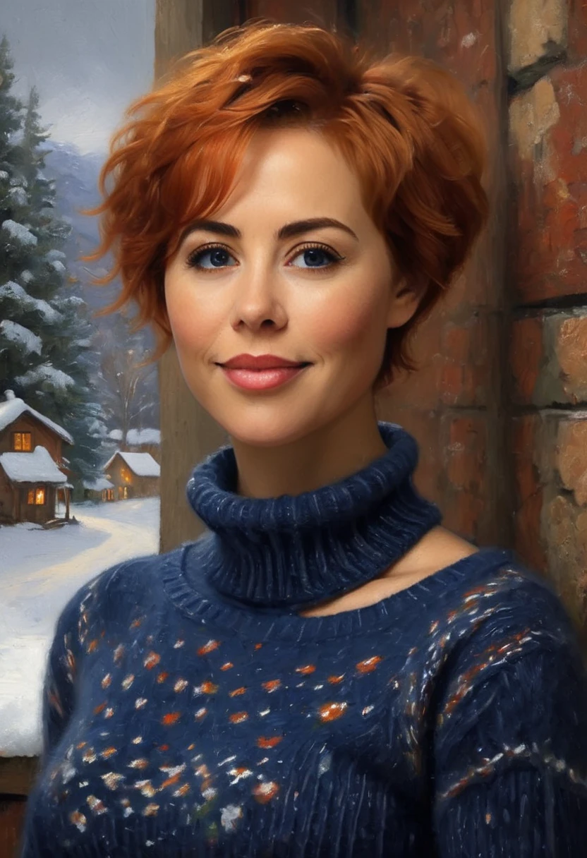 A Nubile, Sultry And Alluring needy, Norwegian Woman Who Is Stting In Front Of A Stone Fireplace Wearing A Tight Cozy Navy Blue Knitted Sweater. B-Cup. cleavage. cute pose. A Cute Skirt With Leggings The Scene Is Cosy And Hygge. Red hair. Snowing Outside. The Medium Used To Depict This Artwork Is Oil Painting, Ensuring A High-Quality And Detailed Result. The Painting Style Is Realistic And Photorealistic, With Vivid Colors And Sharp Focus. The Overall Lighting Is Well-Balanced, Illuminating The Scene Beautifully. Stunningly beautiful merge of Traylor Howard . symmetrical face, photorealistic, photography, path tracing
