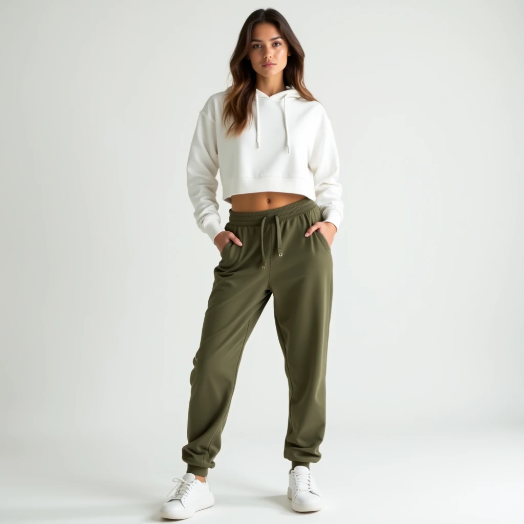 A beautiful woman in a slightly baggy black top and brown pants posing for a photo, brown pants, low-waisted sweatpants, Export of abdomen, baggy pants, Pants, cargo pants, com dois bolsos frontais, Khakis, so shorts, cintura fina e quadril grosso, Olive green pants, with his hands in his pockets, wearing pants, Hands in pockets, Comfortable, toupeira, large pants, tiro do meio cintura para cima, roupas marrons, Directed by: Lee Jeffreis