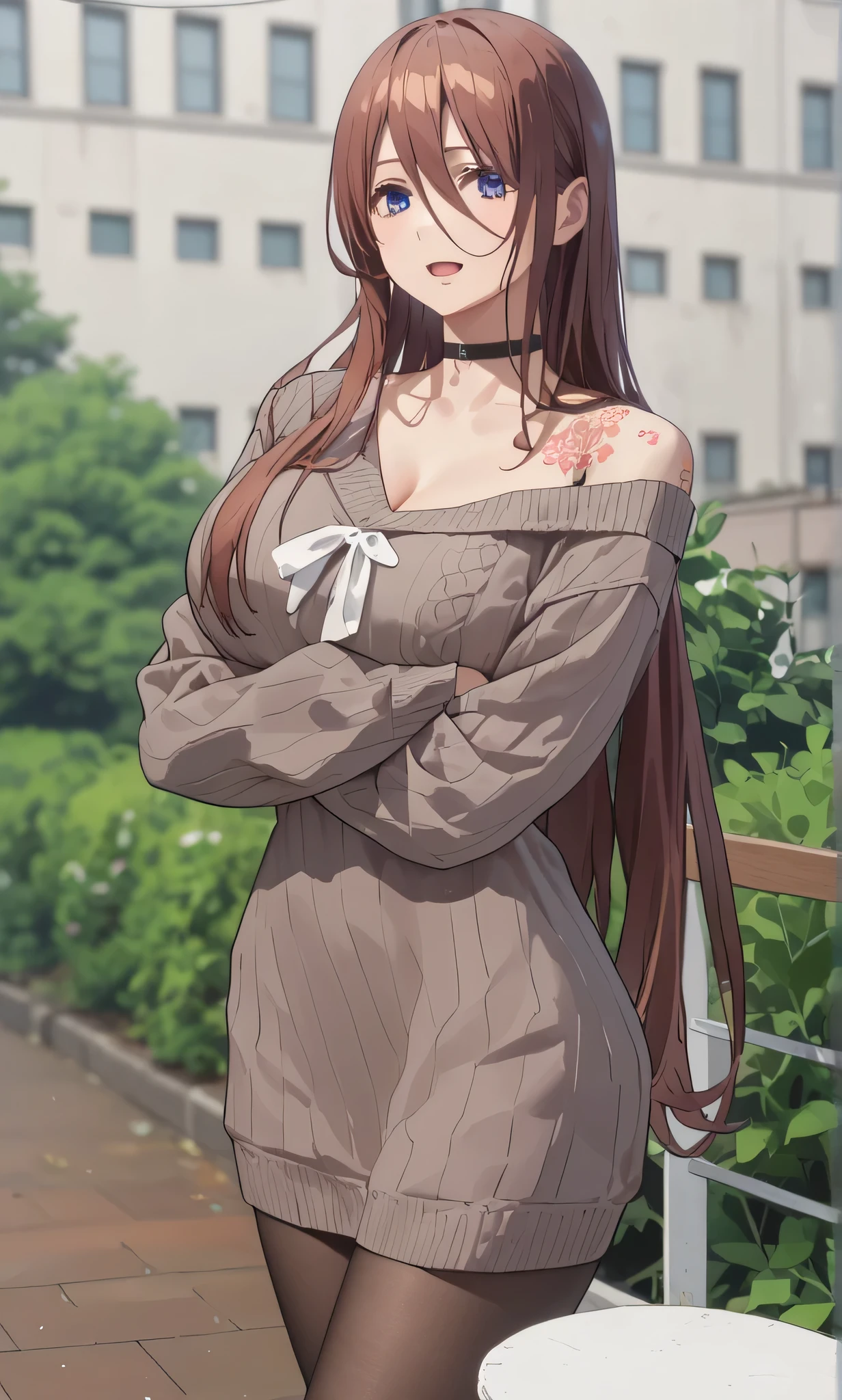 Fit girl,score_9, score_8_up, score_7_up, score_6_up,
uncensored,
1girl, miku nakano, long hair, bangs, blue eyes, brown hair, shirt, hair between eyes, huge breasts,
1girl, long_hair, pantyhose, choker, crossed_arms, open_mouth, sweater, brown_hair, looking_at_viewer, black_choker, collarbone, outdoors, off_shoulder, bangs, solo, dress, bush, breasts, off-shoulder_sweater, brown eyes, sweater_dress, bare_shoulders, Tattoo on shoulder smile