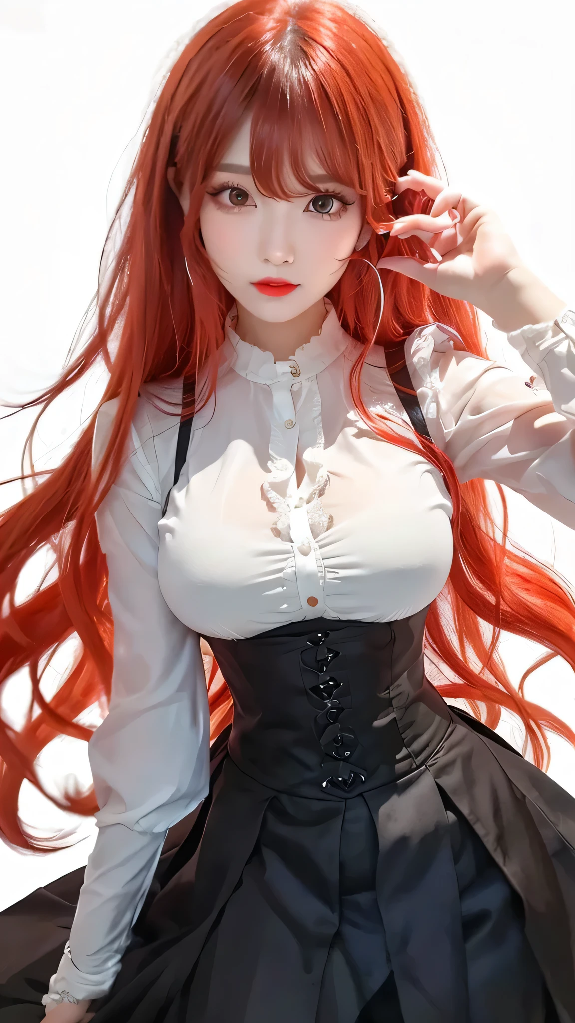 Super beautiful shining eyes、Makima \(chain saw man\)、top-quality、ultra-detailliert、1 woman、独奏、is standing、redhair、Long braided hair、Golden eyes、bangss、mideum breasts、white  shirt、neck tie、gaze、a smile、(evil:1.2)、looking at the viewers、(interview:1.3)、(dark backgrounds、chain:1.3)、frombelow、Sharp contrast、Gorgeous and detailed eyes、focus、up close shot、Glowing orange eyes