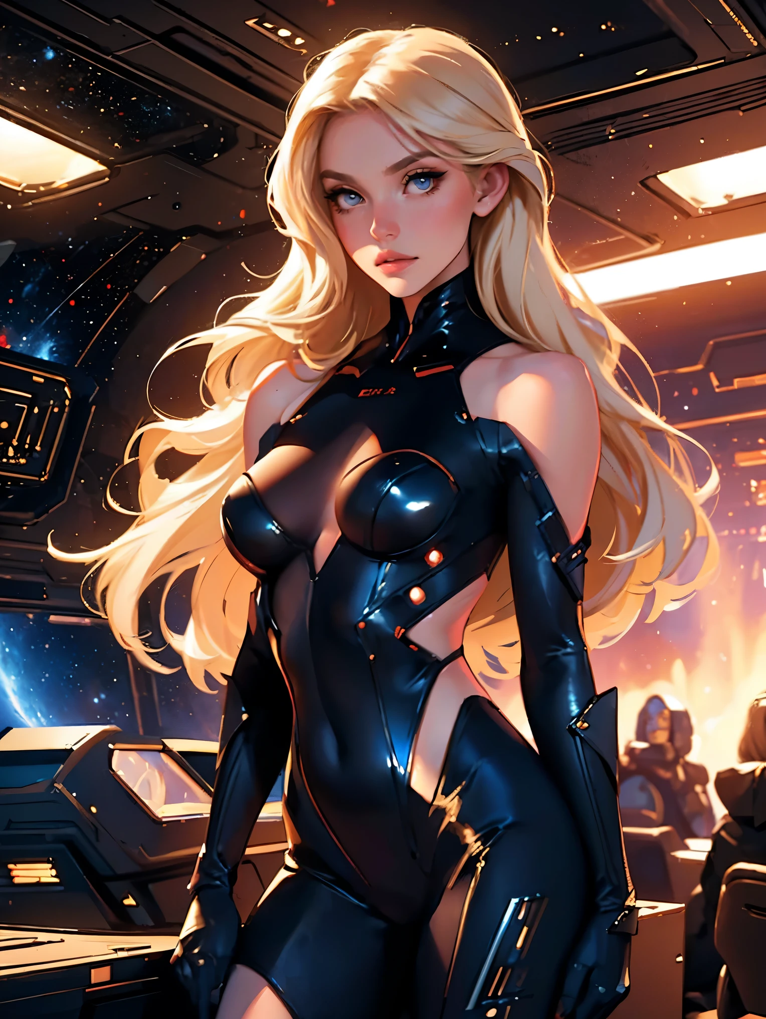 1girl,a beautiful fashion model ,(masterpiece, detailed background, best quality), shiny shoulder length hair, light blonde hair with blonde highlights dark roots, ,smirk,juicy lips, full lips, , lingerie, stripping, elegant makeup, sci fi environment,(space cruise), (bodysuit), ban art style, large