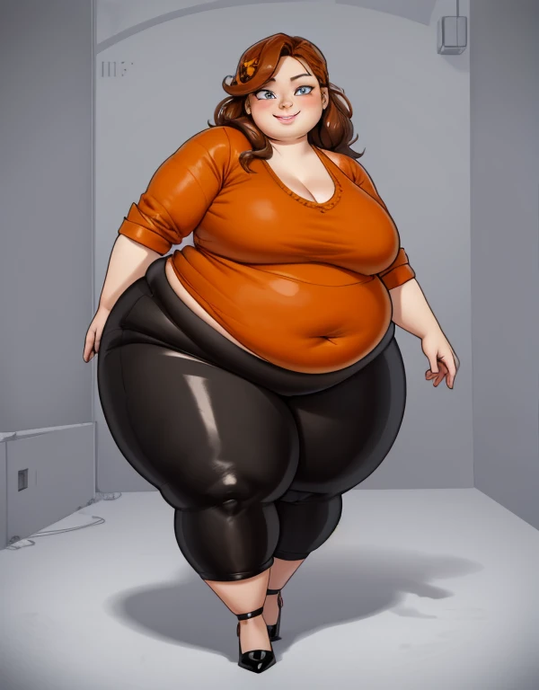 Anime Women, Adult female、Detailed face、amount、amount、Braided Pigtails、Purple Hair、Long Hair、Glasses、Sharp eyes、Thick lips、Purple Lipstick、Painted lips、Very fat、Chubby、obesity、obesity body、Double chin、Cheek、Thick neck、Big Breasts、Saggy breasts、Thick upper arms、Thick arms、thick fingers、Fat belly、Flabby belly、Flabby belly fat、Thick legs、BIG ASS、Brown bodysuit、Full body tights、Standing with your legs apart and bare feet with red nail polish 3d modal
