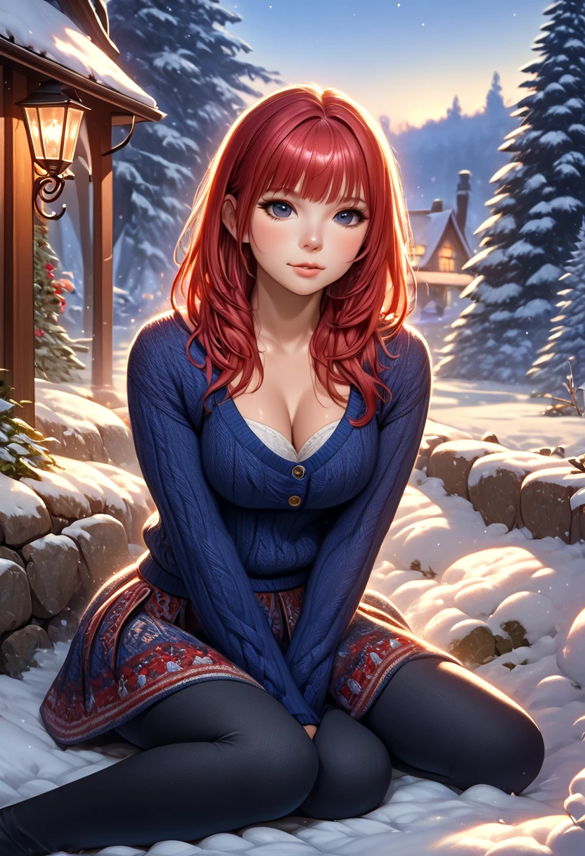 A Nubile, Sultry And Alluring needy, Norwegian Woman Who Is Stting In Front Of A Stone Fireplace Wearing A Tight Cozy Navy Blue Knitted Sweater. B-Cup. cleavage. cute pose. A Cute Skirt With Leggings The Scene Is Cosy And Hygge. Red hair. Snowing Outside. The Medium Used To Depict This Artwork Is Oil Painting, Ensuring A High-Quality And Detailed Result. The Painting Style Is Realistic And Photorealistic, With Vivid Colors And Sharp Focus. The Overall Lighting Is Well-Balanced, Illuminating The Scene Beautifully. Stunningly beautiful merge of Traylor Howard . symmetrical face, photorealistic, photography, path tracing
