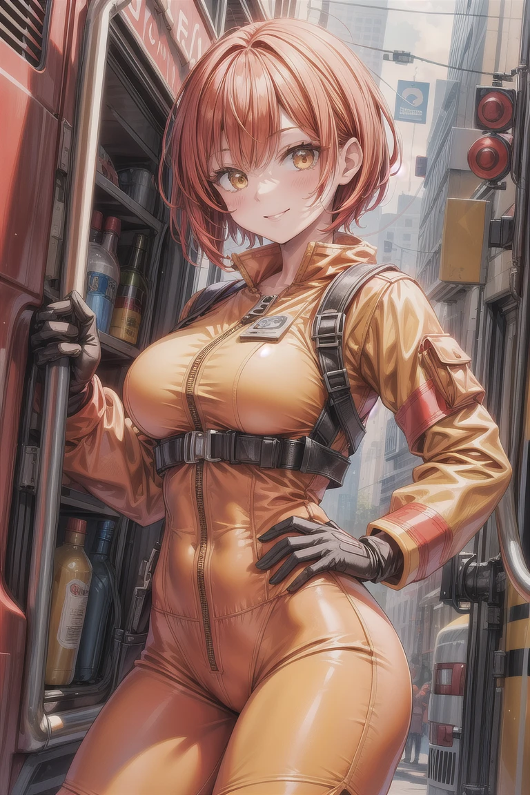 high resolution,best quality,high resolution,girl,curvy,orange hair,bob cut,grin,huge breasts,((red coverall work clothes)),bare breasts,(((holding weapon,hammer))),trading card