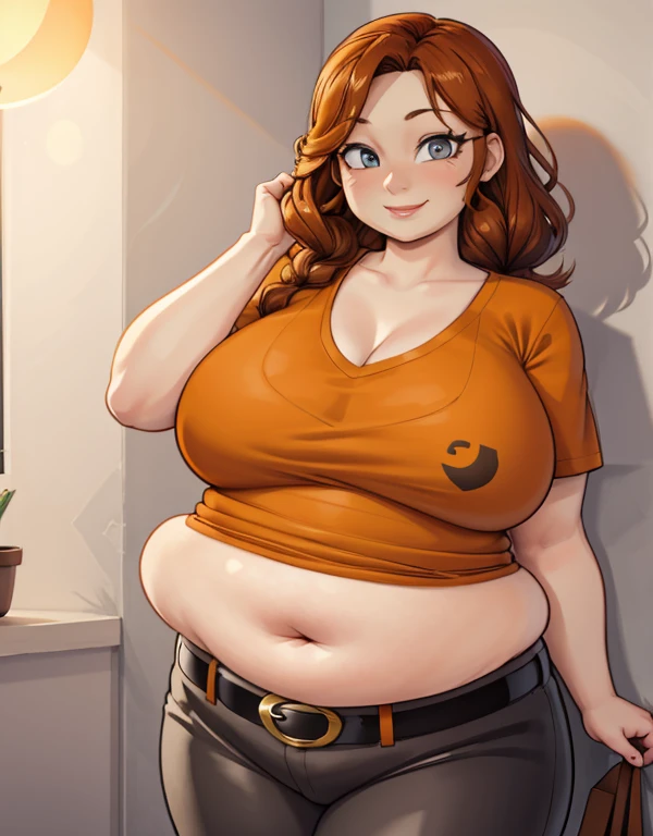 (masterpiece:1.2), best quality, high resolution, unity 8k wallpaper, (illustration:0.8), 1girl, portrait, 45yo woman, shoulder-length brown hair with some curly, blue eyes, medium breasts, mascara, eyeshadow, red lipstick, wrinkles around the face, round face, fat face, fat, chubby, round belly, plump body ((Wearing: Orange V-neck shirt, Belt, Black Leather Pants)), smile, standing, looking at viewer with a gleeful expression
